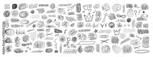 Messy pen doodles and scribbles create chaotic hand-drawn lines vector illustration set. Perfect notebook layout, journal covers, and creative graphic element that look like they were written by hand.