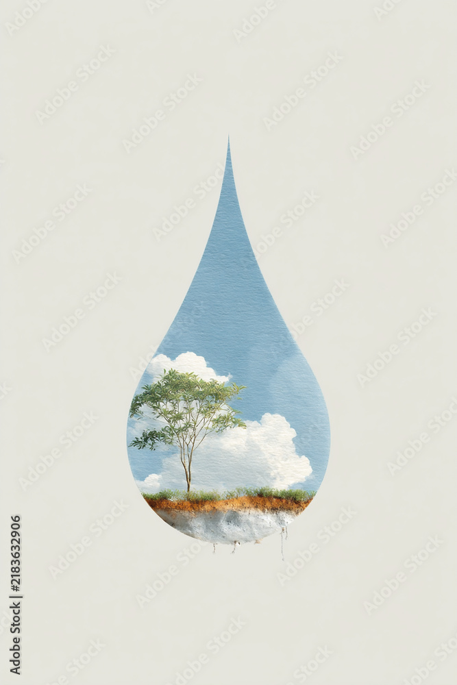 Obraz premium Artistic representation of a tree inside a water droplet with a clear sky background showcasing environmental beauty
