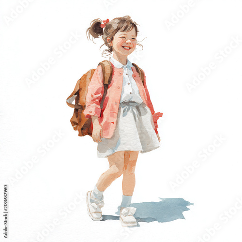 Young girl walking happily with backpack on sunny day, wearing casual clothing and smiling with carefree joy