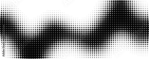 Abstract halftone wave background with black dots of varying sizes creating a dynamic flowing pattern