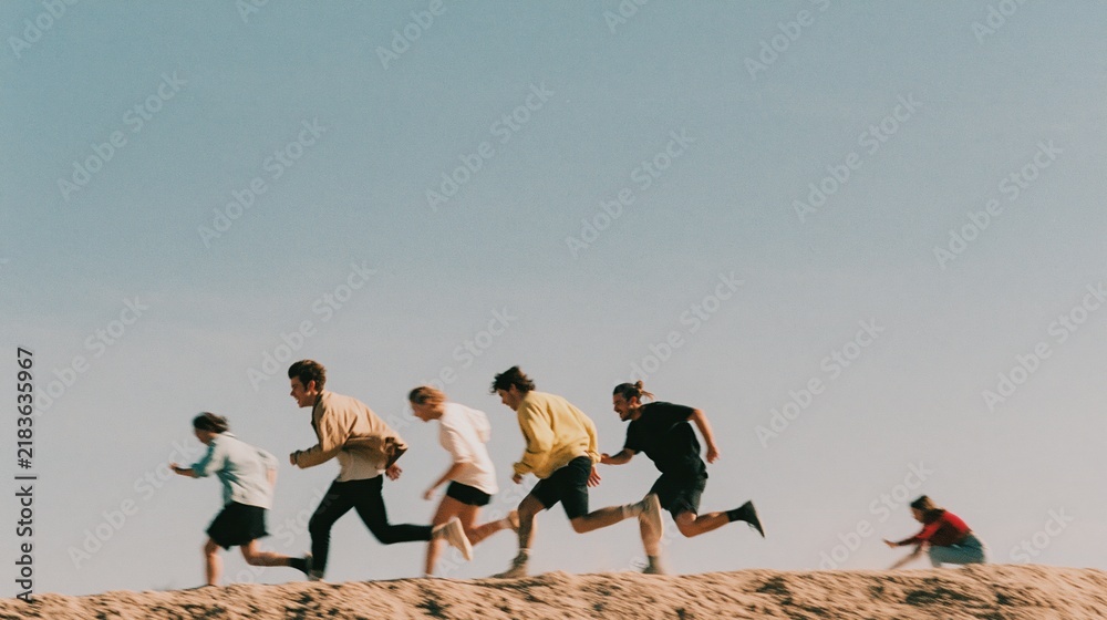 Obraz premium Group of young adult friends running along a sandy ridge, laughing and carefree in a weathered coastal setting for youth travel and friendship