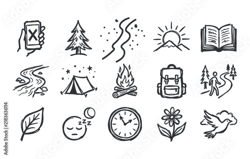 Photography Digital detox and slow living lifestyle elements featuring camping tent campfire