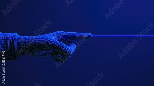 Wireframe hand points a glowing blue laser beam into dark space