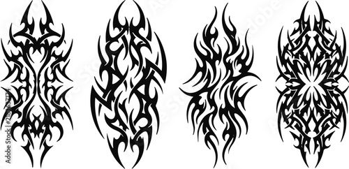 Four vertical tribal tattoo shapes with organic flowing y2k aesthetic lines vertical aesthetic monochrome ornament abstract detailed artistic illustration