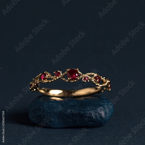 Delicate gold ring with intricate vine-like details and small red gems