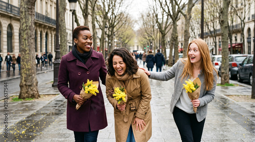 Group of women laughing together on a city street, friendship and joyful connection during International Women's Day