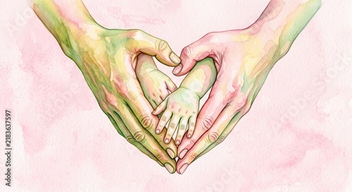 A watercolor painting depicting adult hands holding a baby's hands, forming a heart shape against a soft pink textured background, conveying love, family, care, and protection.