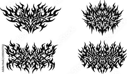 Set of four y2k aesthetic tribal flame inspired abstract shapes in black with aesthetic abstract ornament symmetrical geometry illustration subculture contemporary