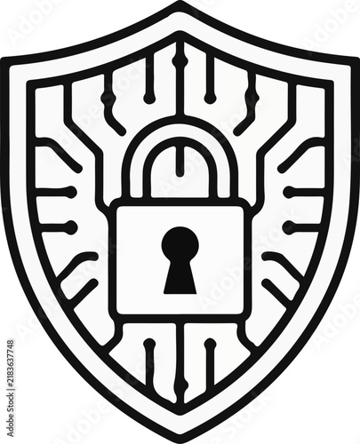 Data Protection Cyber Shield Lock Line Art Vector Icon