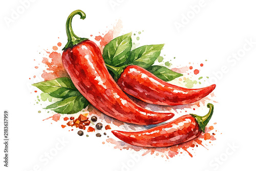 A bunch of red and green chili peppers with leaves on a white background.