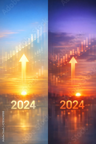 This image captures the sunrise and sunset horizons in two different years, 2024 and 2024, with upward arrows symbolizing growth and progress.