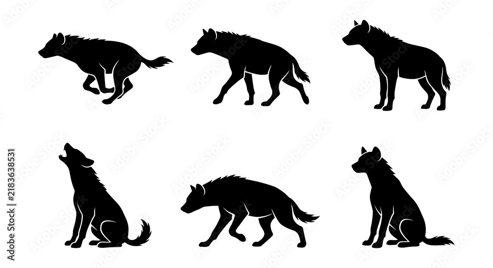 Obraz premium Collection of Hyena Silhouettes in Various Poses: Running, Walking, Howling, Sitting, and Standing