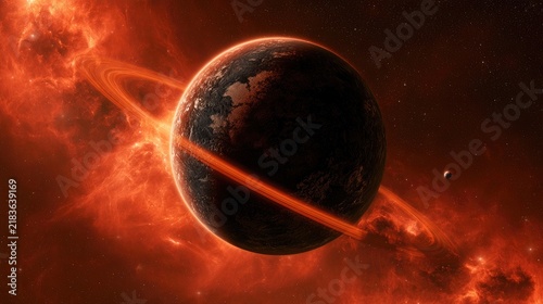 Ringed alien planet orbits fiery nebula, a tiny moon nearby