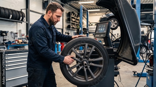 Automotive technician inspecting tire on wheel balancer machine