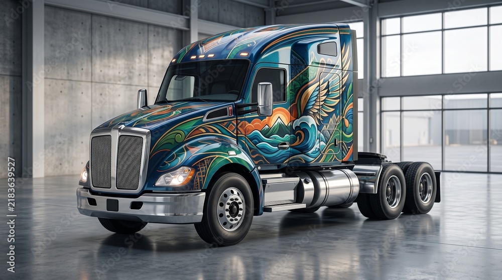 Fototapeta premium Vibrantly painted semi truck in industrial warehouse setting
