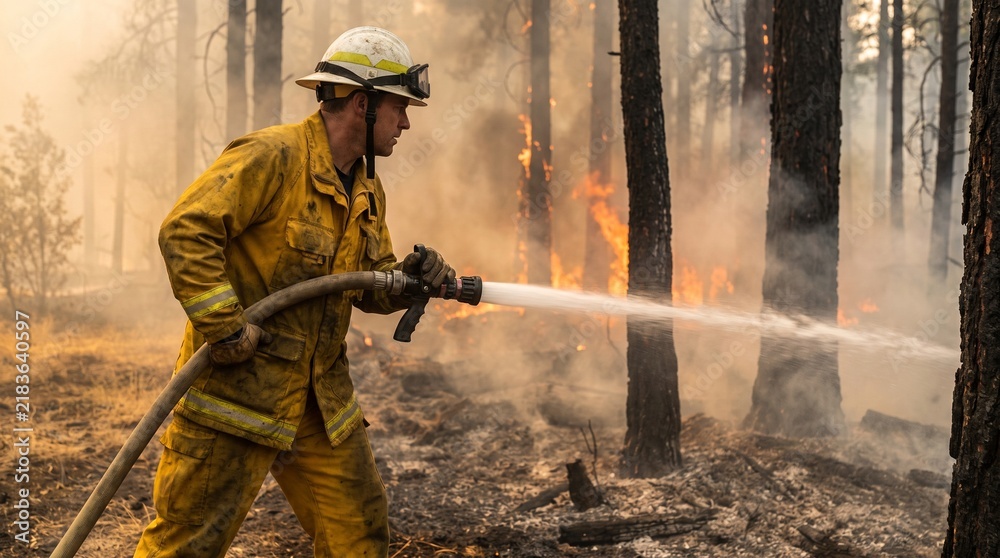 Fototapeta premium Firefighter Spraying Water on Wildfire in Burning Forest