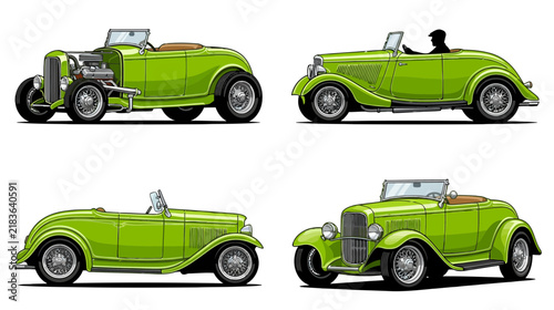 Green Vintage Hot Rod Cars - Isolated Illustrations