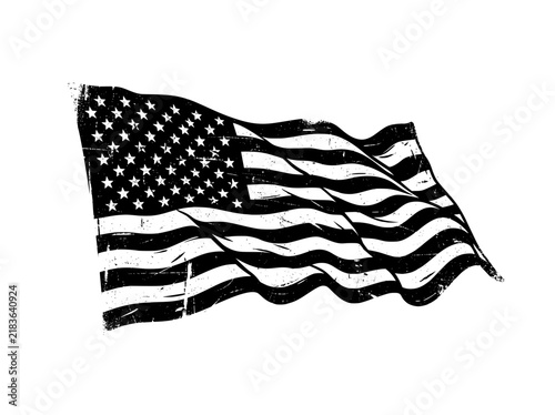 Vintage American flag vector, distressed black and white waving USA flag, rustic patriotic banner with grunge texture