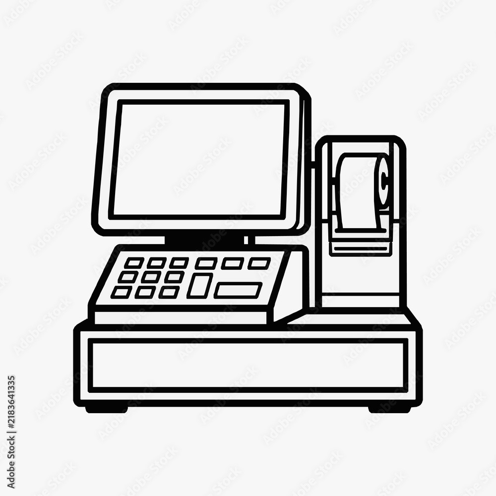 Fototapeta premium Corporate Point of Sale System with Monitor Keypad and Cash Drawer in Monochrome Line Art with high quality professional line art symbols for modern creative design and digital branding projects