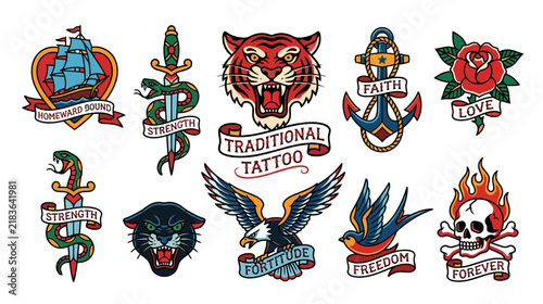 Traditional Tattoo Flash Art: Eagle, Tiger, Rose, Skull, Ship, Anchor, Snake, Panther, Bird