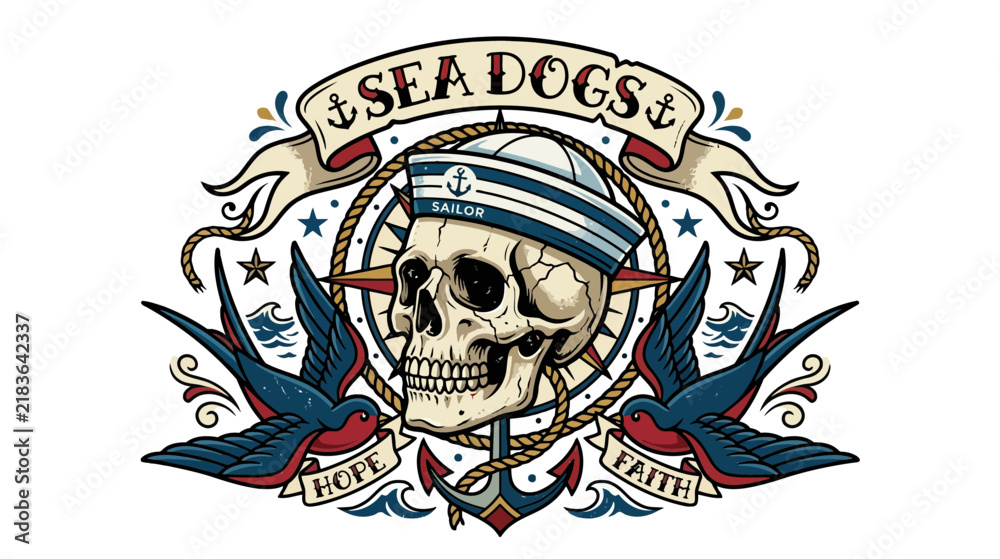 Fototapeta premium Sailor Skull Tattoo Design with Swallows, Compass, and Nautical Elements