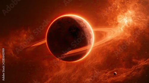 A large, ringed celestial body glows vibrantly in a fiery cosmic nebula