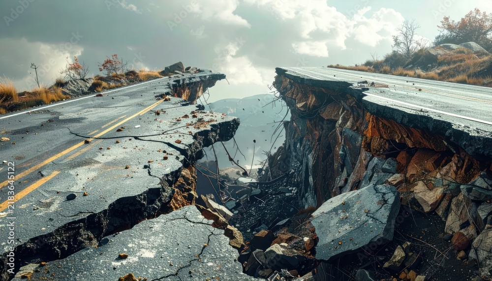 Obraz premium Severely cracked asphalt road after powerful earthquake disaster.