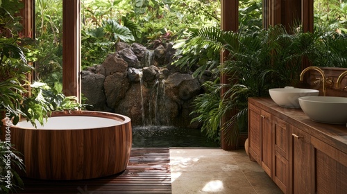 Luxurious bathroom oasis with wooden tub and small waterfall