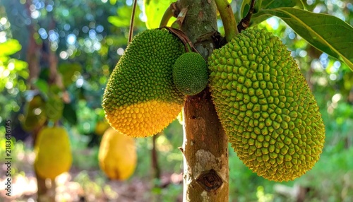 Ripe green jackfruit hanging from tree in tropical orchard.