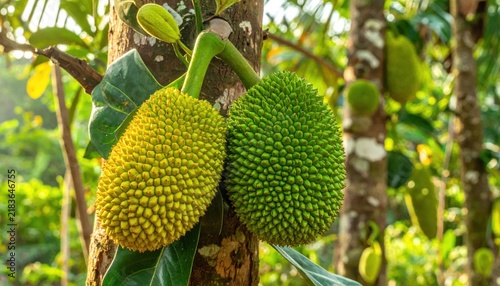 Ripe jackfruits hanging on a tropical tree trunk.