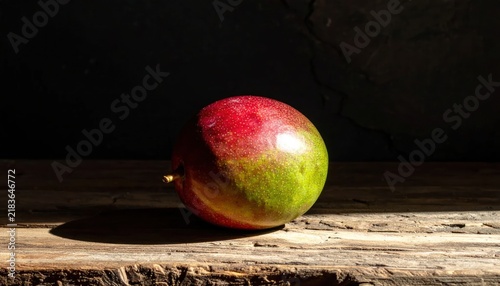 Ripe mango on rustic wood in dark setting