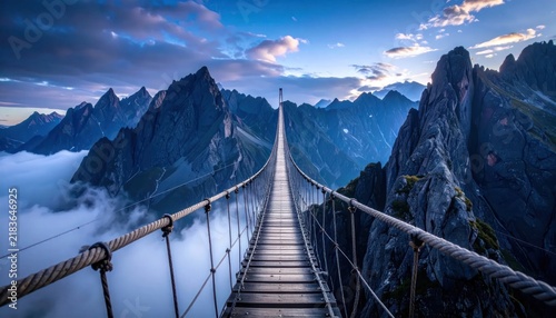 Rope suspension bridge spanning misty mountain peaks and clouds.