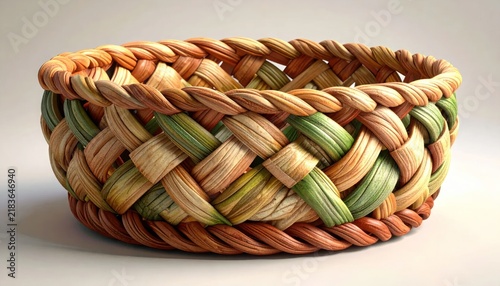 Round multi-colored woven wicker basket on plain background.