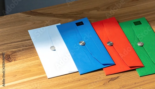Row of bright colorful paper envelopes on wooden surface