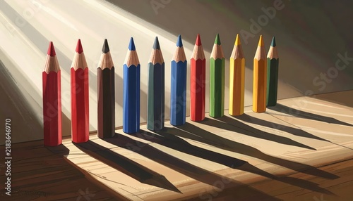 Row of colored pencils on wooden surface.
