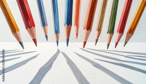 Row of colored pencils standing with dramatic long shadows.