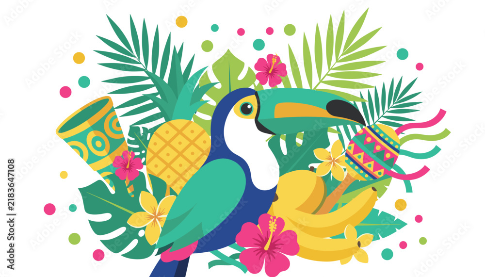 Fototapeta premium Colorful toucan bird surrounded by pineapples, bananas, maracas, and exotic tropical leaves on white background.