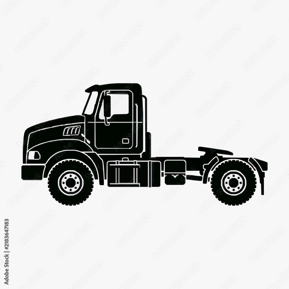 Fototapeta premium Creative Black and White Line Drawing of a Heavy Duty Truck with Dual Rear Axles and Flatbed with high quality professional line art symbols for modern creative design and digital branding projects