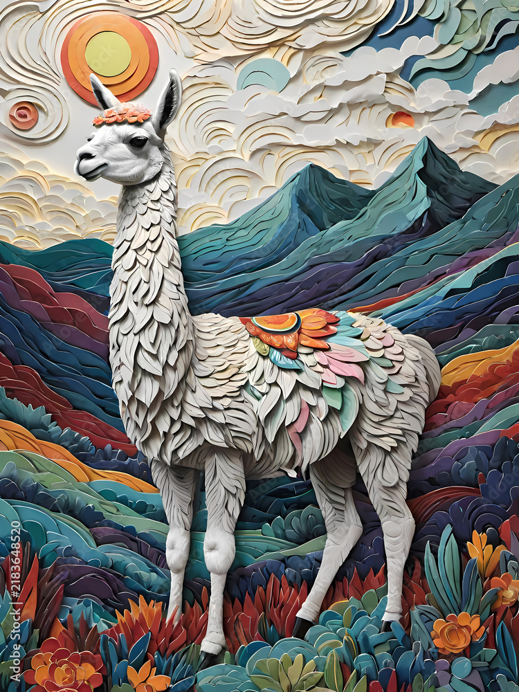 Obraz premium Papercut craft illustration of a white llama alpaca with a colorful decorated saddle in front of a layered mountain range under a textured sun sky
