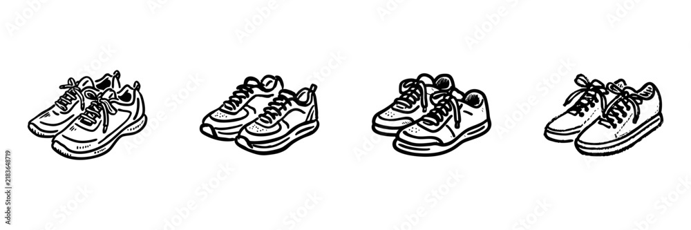 Fototapeta premium Shoes Sneakers Casual And Athletic Footwear Hand Drawn Doodle Icon Set. Footwear And Sports Shoe Sketch Symbol Collection. Fashion And Fitness Industry. Isolated Vector Illustration