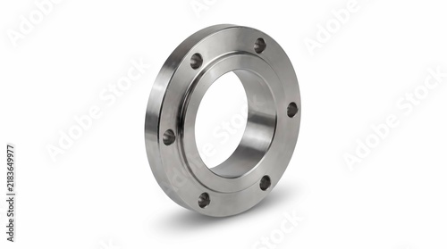 Polished stainless steel circular flange connection piece for industrial pipe systems featuring multiple bolt holes against clean white studio background