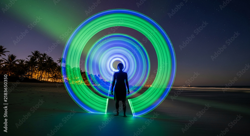 Obraz premium Silhouette of person on beach creating light circles at night, symbolizing creativity, imagination, and the magic of light art against a starry sky