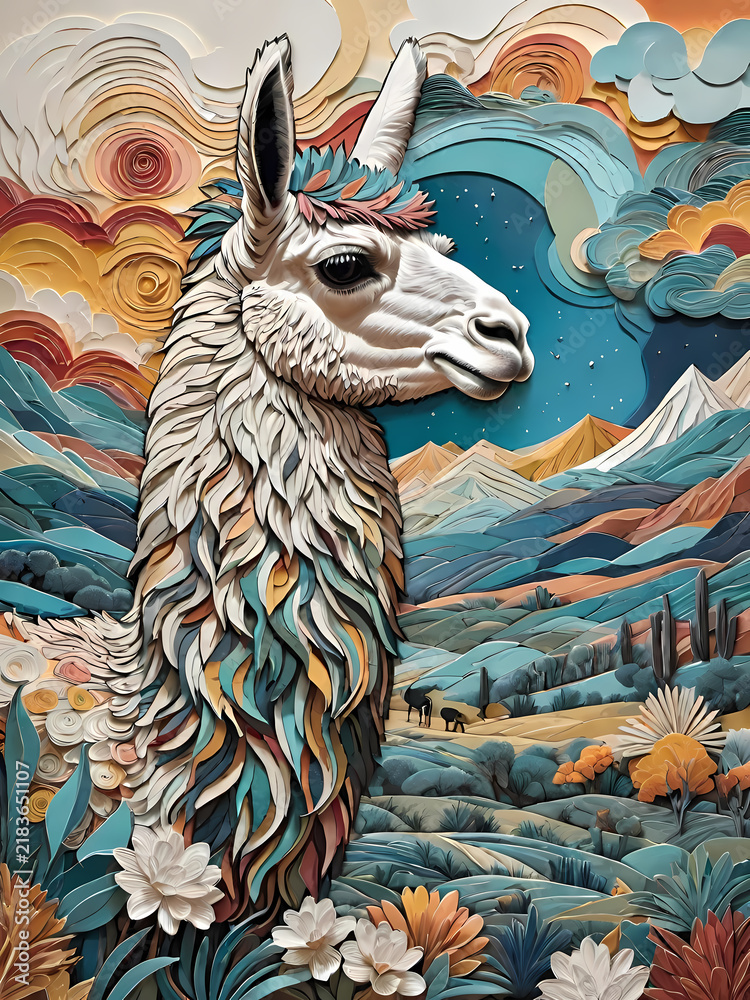 Fototapeta premium Layered papercut style illustration closeup of a majestic white llama with a colorful textured mane against a scenic mountain landscape and swirling clouds