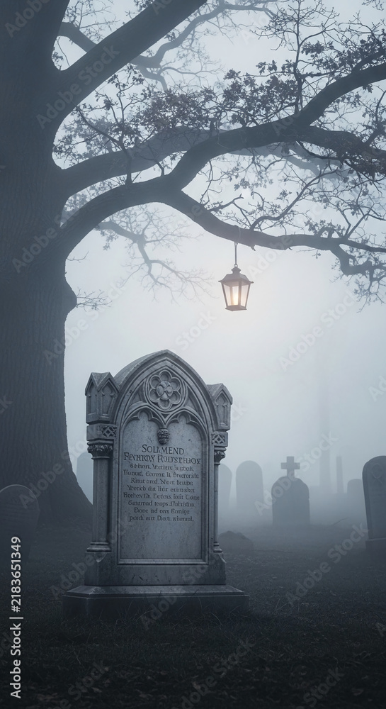 Obraz premium Misty graveyard scene with a prominent tombstone, ancient tree, and hanging lantern, evoking solemnity, remembrance, and eerie atmosphere
