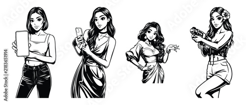 Set of four black and white anime girl illustrations in different poses and outfits holding phones and cameras.