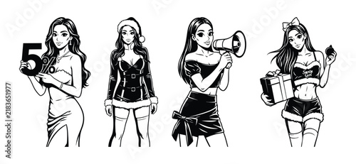Set of four beautiful anime girls in Christmas and promotional outfits hand drawn line art style.