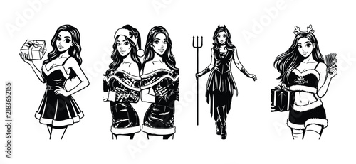 Black and white sketch of anime girls in Christmas Santa outfits and devil costume holding gifts and pitchfork.