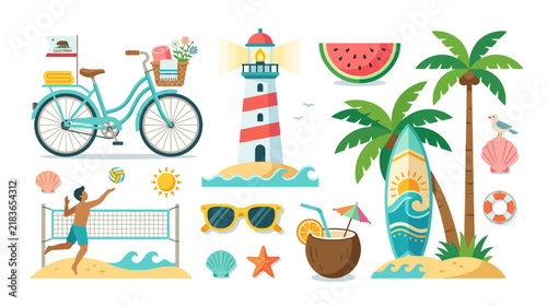 Summer Beach Scene Elements: Bicycle, Volleyball, Lighthouse, Surfboard, Coconut Drink