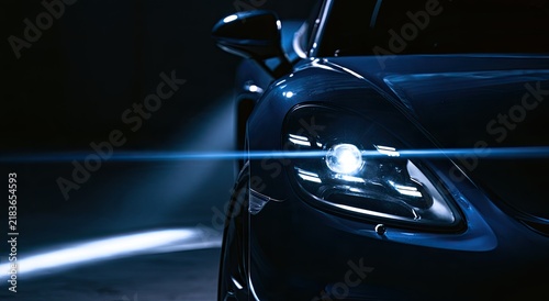 Sleek sports car headlight illuminates dark background with lens flare