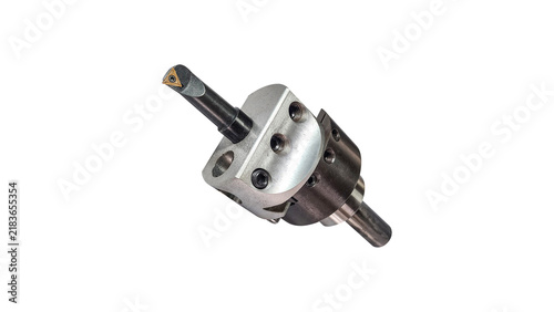 High-precision boring bar head with indexable carbide insert, isolated on white background. Essential tool for metalworking, CNC machining, and turning processes.